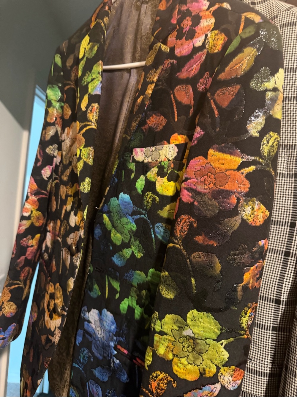 Men's Black Floral Jacquard Blazer with Multicolor Bloom